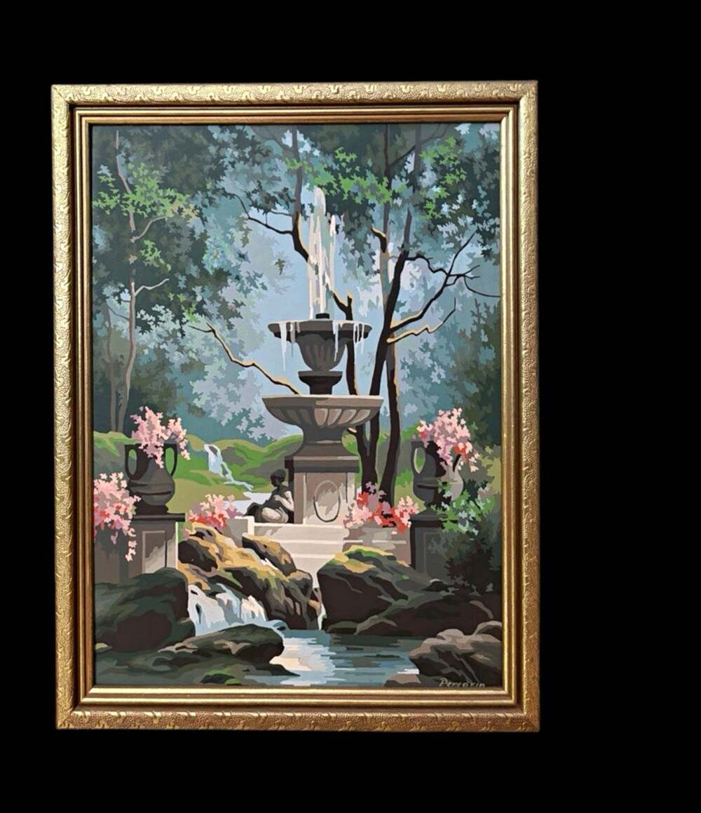 Vintage MCM Paint By Number Landscape Fountain Garden Framed Wall Art 23x17